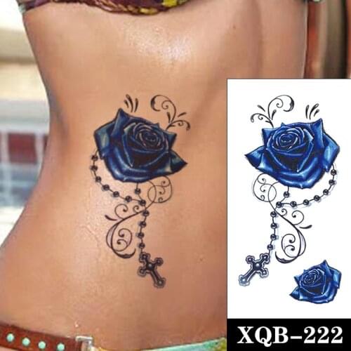 Rose Flowers Vine Waterproof Temporary Tattoo Sticker Blue Pearl Necklace Cross Fake Tattoos Flash Tatoos Arm Body Art for Women