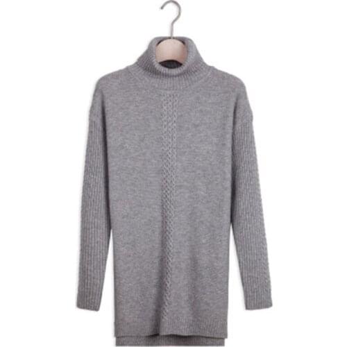 Pure wool knit women korean style high neck long loose pullover sweater solid color M-XL retail wholesale