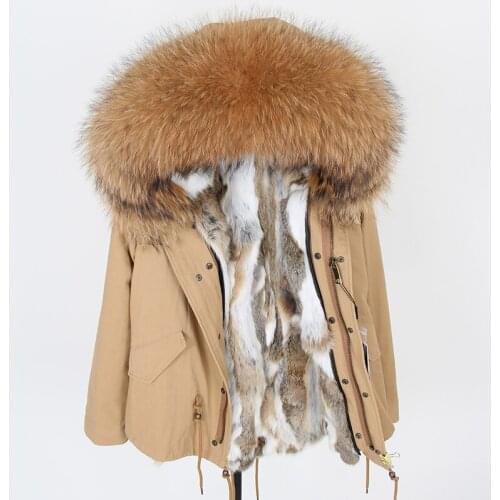 2021 woman rabbit fur lining winter jacket army green Large raccoon fur collar hooded coat parkas outwear detachable