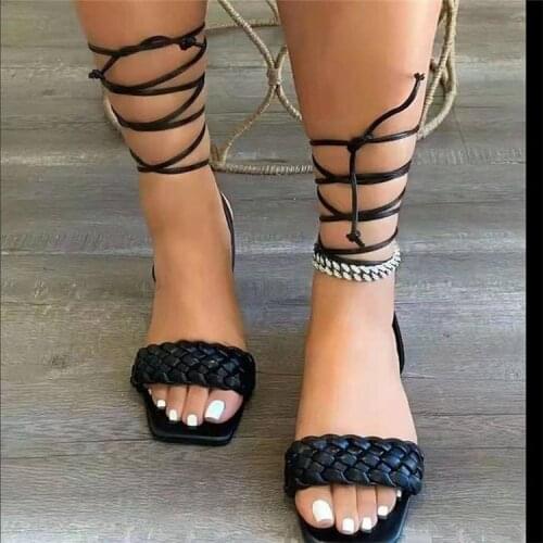 Solid color open toe fashion sexy Roman style cross strap braided plus size 2021 summer new female sandals