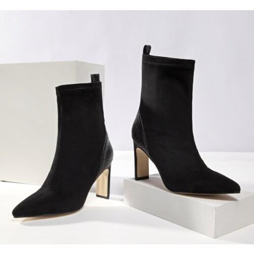 2020 Women Stretch Sock Boots Block 9.5cm High Heels Fetish Green Ankle Boots Stripper Slim Chunky Silk Satin Quality Shoes