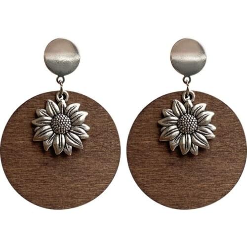 Metal Sunflower Round Wooden Bohemian Geometric Ethnic Style Stud Earrings For Women