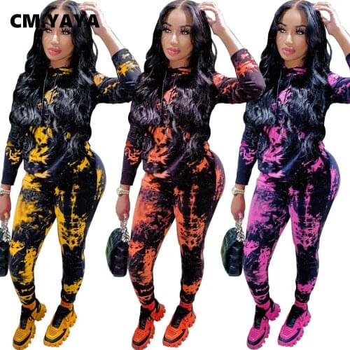 CM.YAYA Activewear Tie Dye Womens Set Hooded Sweatshirt Jogger Pant Set Sporty Tracksuit Fitness Matching Two Piece Set Outfits