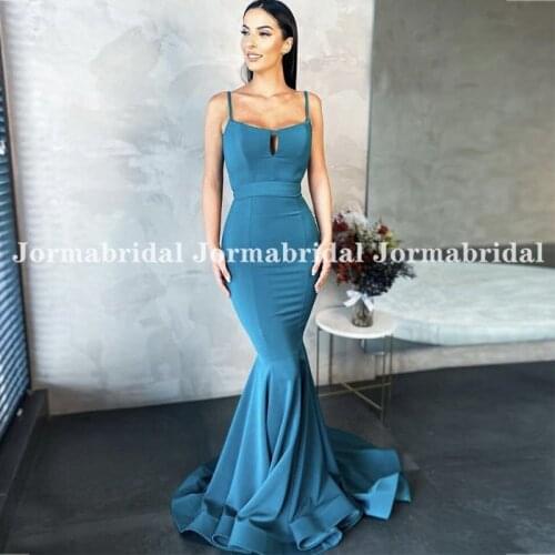 Pacific Blue Cowl Neck Satin Evening Dresses Spaghetti Strap Mermaid Formal Party Gowns Sexy Women vestidos justos elegantes