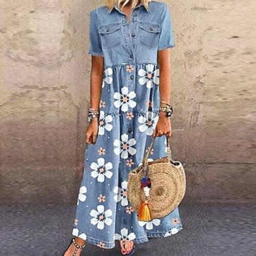Elegant Floral Print Women Maxi Dress Summer Casual Short Sleeve Button Dress Ladies Turn-down Collar Party Dresses Vestidos