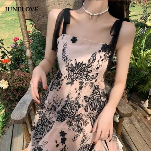 JuneLove 2021 Vintage Floral Strap Midi Dress Women French Elegant Sweet Lace-up Print Dress Holiday Casual Beach Summer Dresses