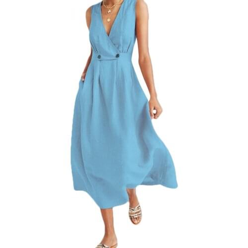 2021 V-neck Sexy Sleeveless Women Dress Solid Color Off Shoulder High Waist A Line Dress Elegant Party Banquet Dress
