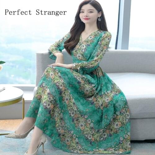 2021 Autumn Winter New Arrival Elegant Korean V Collar Collect Waist Flower Print Lady Chiffon Women Clothing Long Dress