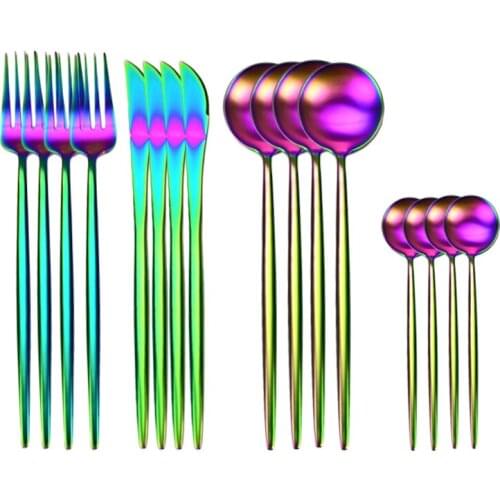 16PCS Dinnerware Cutlery Set Tableware Complete 304 Stainless Steel Silverware Colorful Table Cutlery Lunch Knife Spoon Fork Set