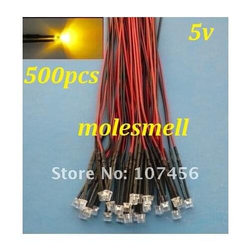 Free shipping 500pcs Flat Top Yellow LED Lamp Light Set Pre-Wired 5mm 5V DC Wired 5mm 5v big/wide angle yellow led