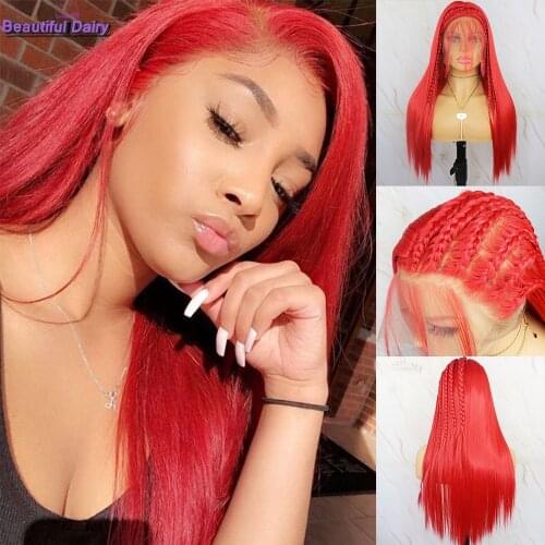 Beautiful Diary Long Straight Full Lace Wigs Red Wig Glueless Heat Resistant Fiber Hair Wigs Braided Synthetic Full Lace Wigs
