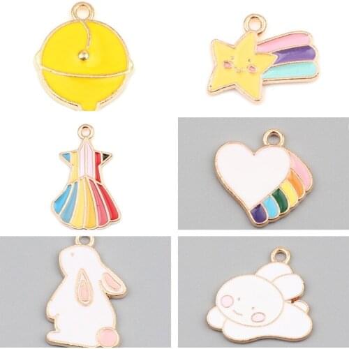 Doreen Box Zinc Alloy Gold Color Charms Heart Rabbit Galaxy Meteor Cartoon Pattern Cute Pendants Multicolor Enamel DIY Jewelry