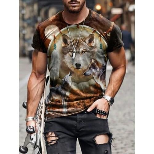 Summer Mens T-shirt Street Fashion Animal Wolf Head Print 3d T-shirt Mens Large Size Casual Short Loose Pullover T-shirt