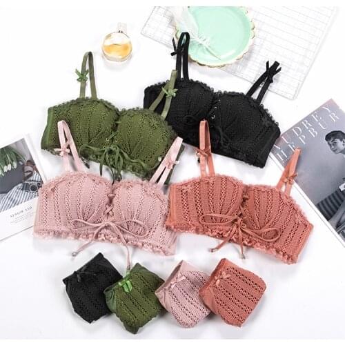 2 Pieces Lingerie Set Solid Push Up Underwear and Underpants for Women Lace-Up Underwire Brassiere Bra & Brief Set