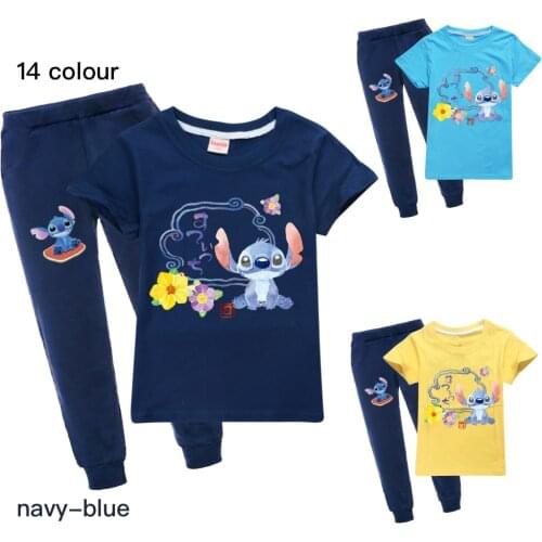Disney Stitch Kids Clothes Sets Hot Summer Short Sleeve cotton T Shirt for Girls Boys Streetwear Teenager Children Suits