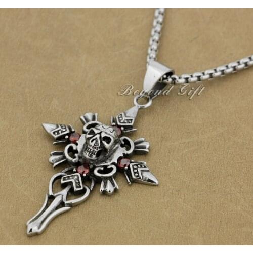 Red CZ Stone Huge Cross Skull Pendant 316L Stainless Steel Mens Biker Punk Style AJ022 Steel Necklace 24inch