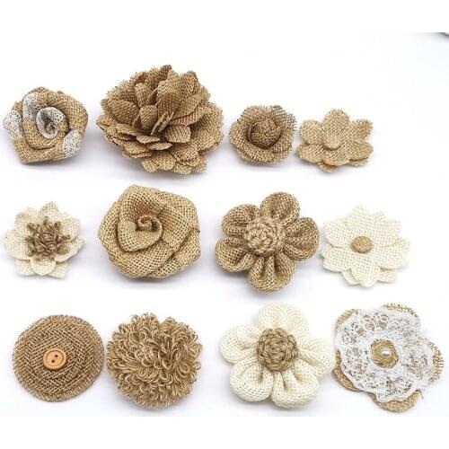 Natural Jute Burlap Ribbon flower Shoes flower hat flower Diy Wedding Christmas Decoration Accessories Festival Party Crafts