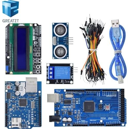 GREATZT Mega 2560 r3 for arduino kit + HC-SR04 +breadboard cable + relay module+ W5100 UNO shield + LCD 1602 Keypad shield