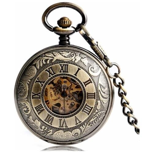 10pcs/lot Bronze Steampunk Mechanical Pocket Watches Skeleton Double Opened Carving Roman Numbers Hand Winding Gift Watches