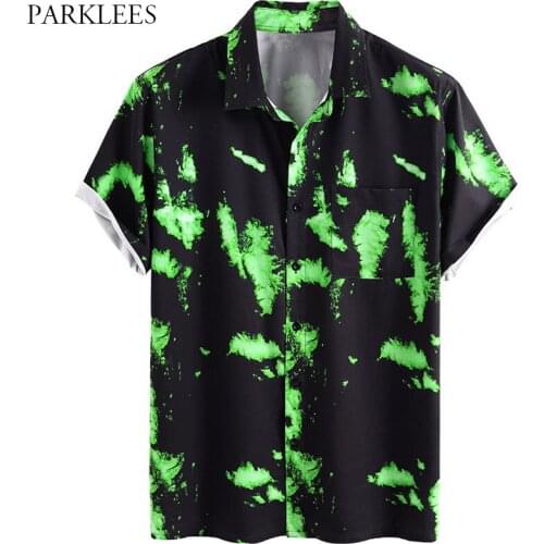 Fluorescent Green Splash Ink Printed Mens Shirt Casual Hip Hop Cool Summer Men Short Sleeve Shirts Fashion Streetwear Male 2XL