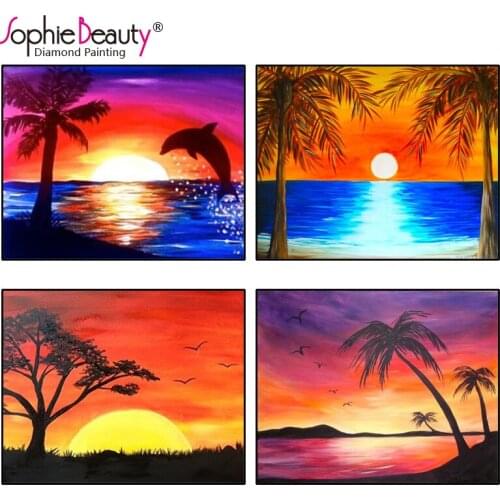 New Diy 3D Diamond Painting Cross Stitch Kit Full Area Highlight Diamond Needlework Embroidery Seaside Scenery Red Sun Craft Art