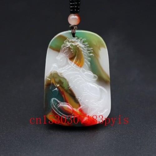 Natural Color Jade Horse Pendant Necklace Chinese Hand-Carved Charm Jadeite Jewelry Fashion Amulet for Men Women Lucky Gifts