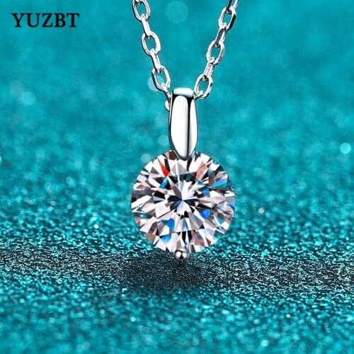 YUZBT 18K White Gold Plated 2 ct Round Excellent Cut Gemstone Beads Chain Diamond Test Past D Color Moissanite Pendant Necklace