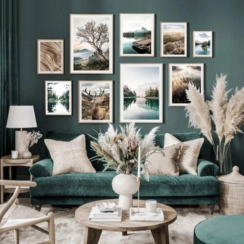 Nordic Prints And Posters Autumn Morning Sunrise Canvas Painting Lake Tree Deer Nature Landscape Art Wall Pictures Home Decor