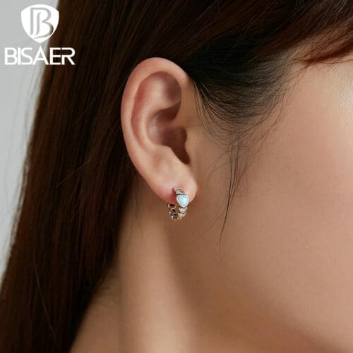 BISAER 100% 925 Sterling Silver Love of Rainbow Heart Shape Ear Buckles Hoops Earrings Women Girls Fashion Jewelry Gift ECE1137