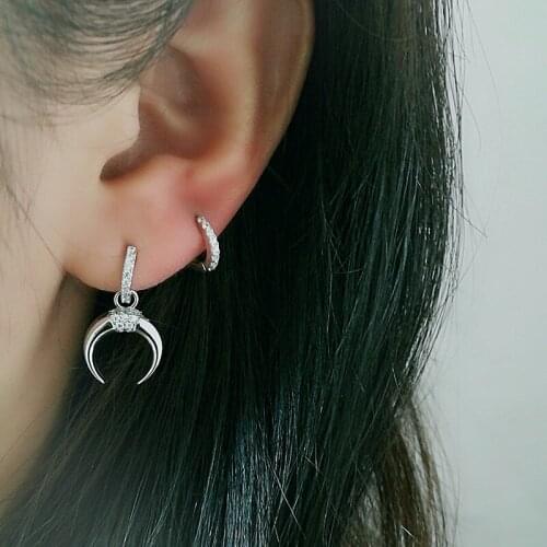 925 Sterling Silver Earring Personality AB Version Horn Shaped Short Drop Earring Asymmetric Dinosaur Boy Girl Silver Ear Jewelr