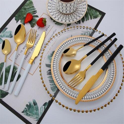 Chic 304 Stainless Steel Glossy Wood Tableware Set Silver Dinnerware Sets Western European Food Knife Fork Teaspoon 4pcs