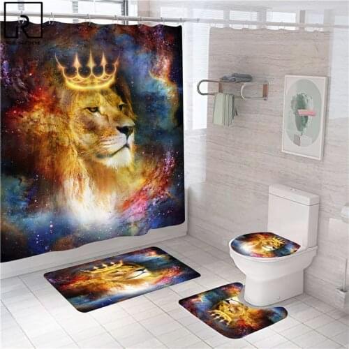Lion with Crown Print Shower Curtains Polyester Bathroom Bathtub Screen Soft Bath Mats Rugs Set Toilet Carpet Modern Home Decor