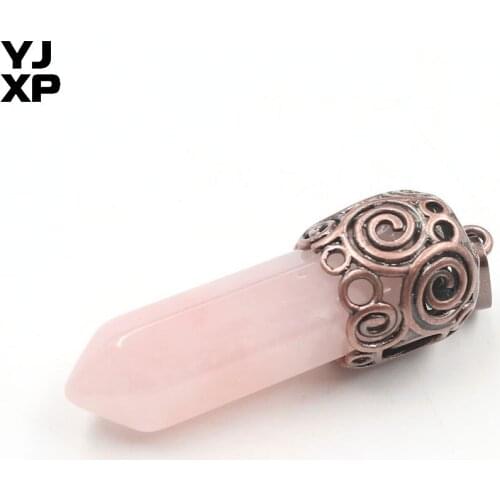 YJXP Classic Style Copper Plated Hexagon Column Natural Rose Pink Quartz Pendant Fashion Jewelry