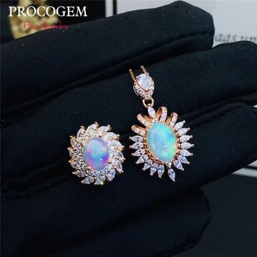 Procogem Natural Opal Jewelry sets for Women Party Necklace Rings Multicolor Sparking gemstones 925 Sterling Silver #700