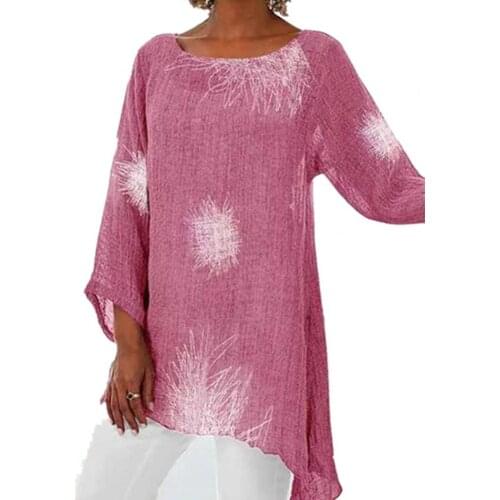 Summer Women T-Shirt Casual Flower Printing Long Sleeve O-neck Female T Shirt Plus Size Irregular Hem Office Lady Tshirt