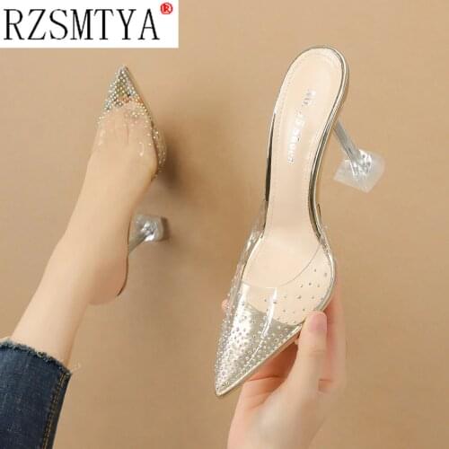 2021 PVC Rivets Sandals Women Pointed Clear Crystal Cup High Heel Stilettos Sexy Pumps Summer Shoes Mules Toe Women Pumps