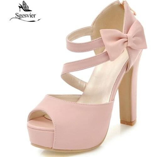 SGESVIER Hot Sale Women Sandals Thick High Heels Open Toe Bowtie Shoes Woman Black White Platform Zipper Peep Toe Shoes OX359