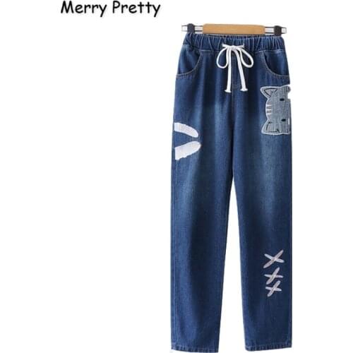 Merry Pretty Women Jeans Pants Cartoon Cat Embroidery Pockets Denim Pants Elastic Waist Straight Drawstrin Jean Pants Mom Jeans