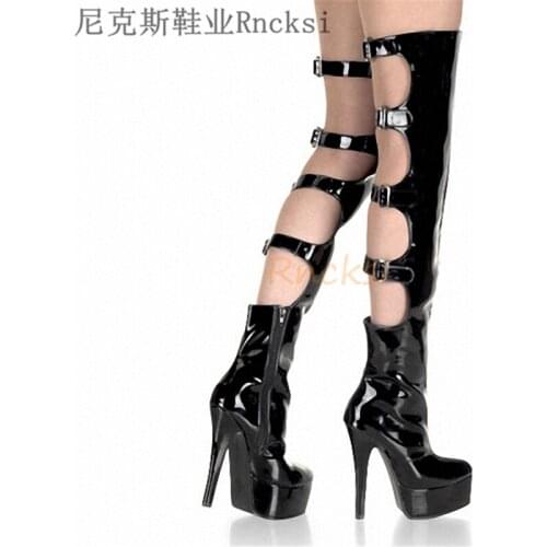 15cm Ultra high heel thin heel black mirror hollow belt buckle pole dance club knee boots platform round toe boots