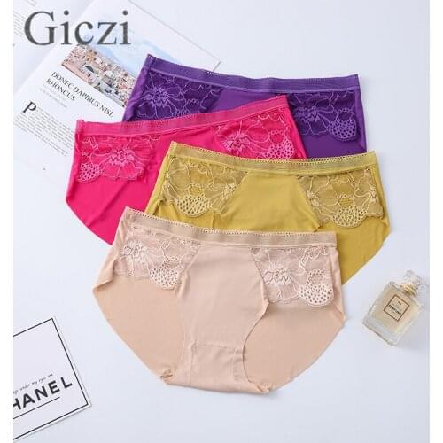 Giczi Silk Satin Womens Panties Elegant Lace Underwear 9 Colors Female Briefs Sexy Lingerie Skin-Friendly Underpants Sale Panty