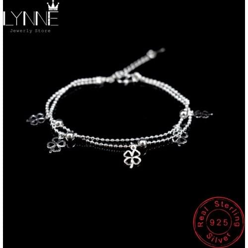 Newest Fashion 925 Sterling Silver Double Layer Small Ball Chain Bracelets Lucky Clover Pendant Bracelet For Women Jewelry Gift