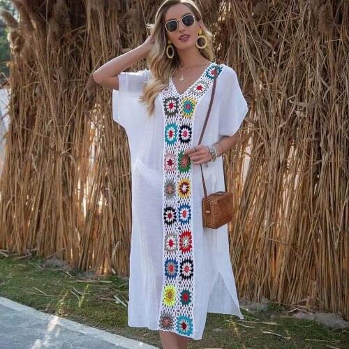 Women Beach Dress Cover-Ups Swimsuit Beachwear 2021 New Crochet V-Neck White Sarong Swim Cape For Woman Summer Tunic Saida Praia