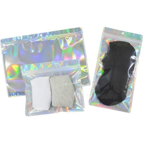100 Pcs Hologram Aluminum Foil And Transparent Round Hole Zip Lock Bags Underwear Clothing Socks Shirt Jewelry Gift Pouches