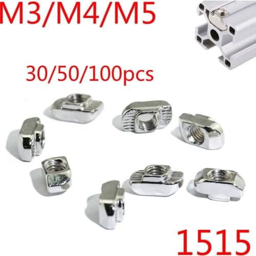 1515 Aluminum Profile with Slot Groove M3/M4/M5 Nickel Plated T Bolt Hammer Head Nut 30/50/100pcs