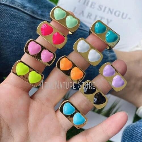 5Pcs RM38649 Copper Jewelry Copper Shaped Heart Gold Plated Adjustable Ring Jewelry Enamel Heart Shape Colors Gold Plated Ring