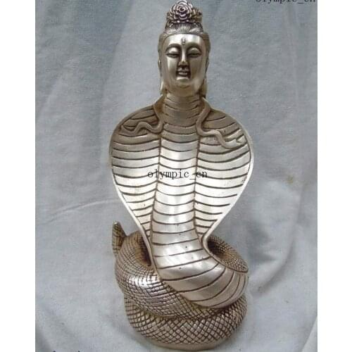 Free Shipping 15cm China silver carved finely snake buddha Sculpture statue off 50