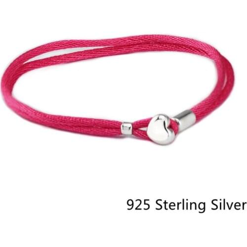 CKK 925 Sterling Silver Heart Fabric Cord Bracelet, Hot Pink For Women Original Fashion Jewelry Making