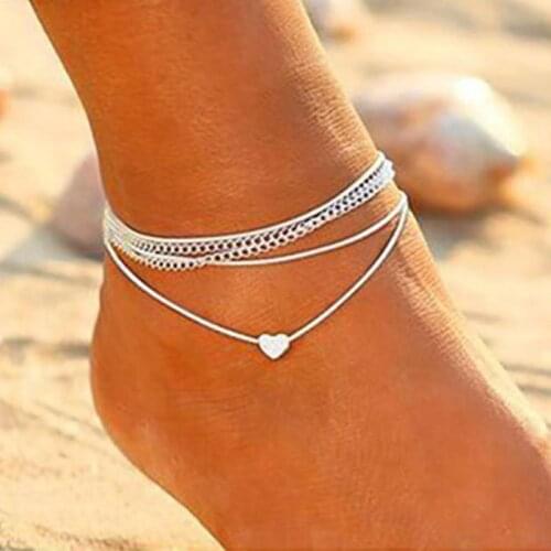 Women Anklets Simple Heart Barefoot Crochet Sandals Bohemian Beach Foot Jewelry Layered Anklet Ankle Bracelet On Leg