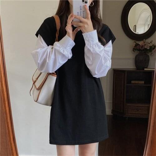 Alien Kitty Black Patchwork Hot Sweatshirts Mini Dress Fake Two-Piece Slim-Fit Stylish Loose Autumn New 2021 Women OL Streetwear