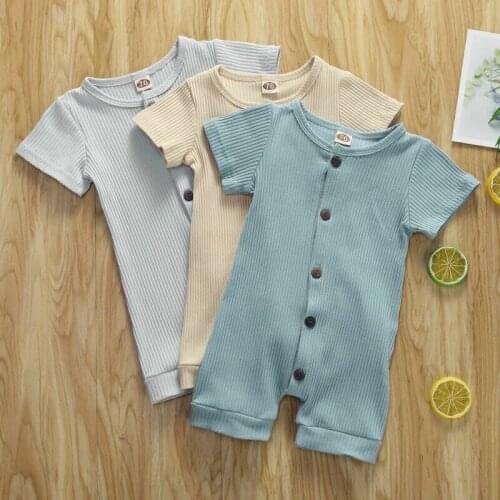 Newborn Baby Girl Boy Clothes Romper Short Sleeve Single Breasted Jumpsuit Knit Solid One Piece Outfit 0-18M